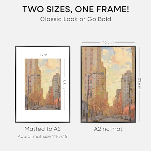Image of Homeforia A2 Black Picture Frame, High-End Metal, A3 Mat, Glass | High End Aluminum, Tempered Glass, Acid-Free A3 Removable Mat, A2 Edge-to-Edge Display, Wall Kit, Set Of 3