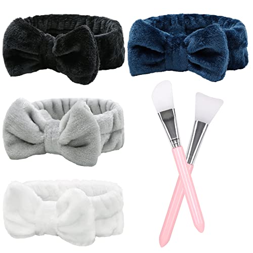 AKTVSHOW 4 Stück Kosmetik Haarband und 2 Spa Silikonpinsel, Skincare Bowknot Makeup Stirnband für Damen Mädchen haarbänder zum Gesichtsreinigung Schminken Waschen Duschen Hautpflege Yoga Cover
