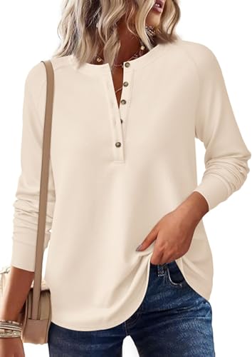 Image of PRETTYGARDEN Women's Long Sleeve Waffle Knit Henley Shirts