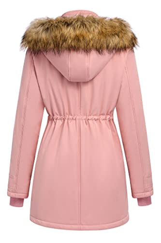Beyove Womens Hooded Fleece Line Coats Parkas Faux Fur Jackets with Pockets Cotton Coat, Pink Large