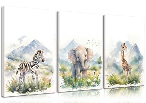 Image of 3pcs Nursery Cute Woodland Animals Canvas Wall Art Watercolor Jungle Kid'S Room Wall Decor Pictures Elephant Giraffe Zebra Posters Prints for Baby Boys Toddler Room Decoration Prepare To Hang