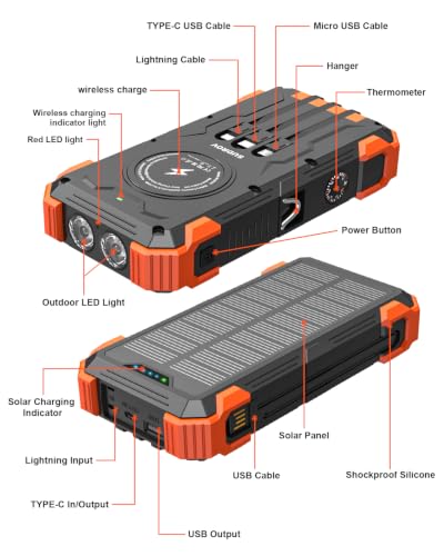 Image of Sudrov Solar Power Bank - 20000mAh Portable Phone Charger, 4 Built-in Cable