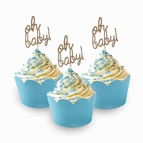 Baby Shower Cupcake Toppers and Wrapper 48 Piece Set- Oh Baby Cupcake Toppers and Blue Cupcake Wrappers for Boy Baby Shower