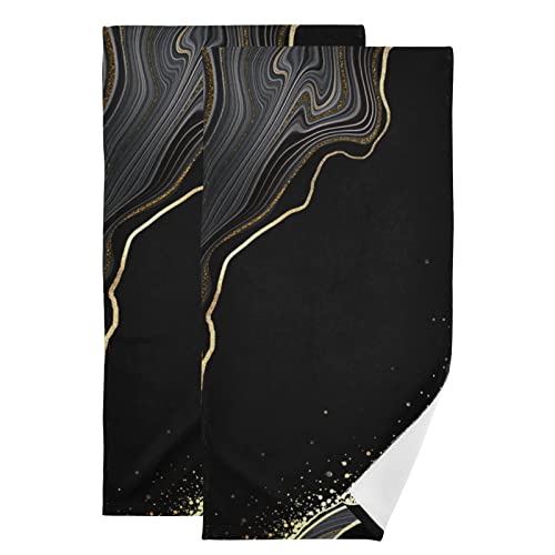 Bath Towels Set Of 2 Hand Towels For Bathroom Cotton Abstract Black Marble Gold Line Decorative 28X14In Absorbent Soft #TOP15