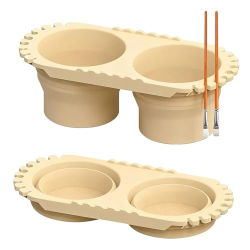 Vantico Beige Dual Compartment Paint Brush Cleaning Cup,Collapsible Paint Water Cup & Brush Cleaner with Brush Holder, Squeegee Lips & Drip Tray for Acrylic, Watercolor & Art Supplies