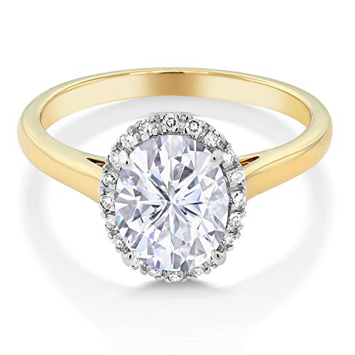 Gem Stone King 10K Yellow Gold White Moissanite and Diamond Engagement Ring | 2.24 Cttw | Oval 9X7MM | Wedding Anniversary Promise Ring For Women | Available In Size 5, 6, 7, 8, 92