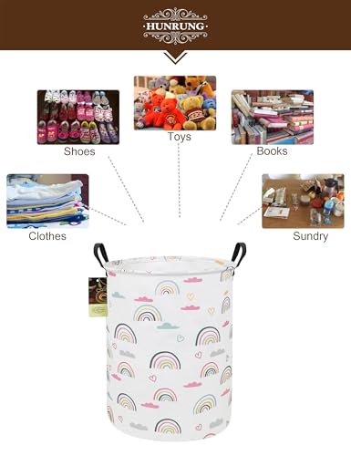 HUNRUNG Laundry Hamper,Large Canvas Fabric Lightweight Storage Basket Toy Organizer Dirty Clothes Collapsible Waterproof for College Dorms（Round-Rainbow）
