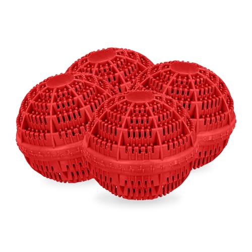 Relaxdays Boule de Lavage, lot 4, pour Machine à Laver, protège l’Environnement et la Peau, sans lessive, Rouge