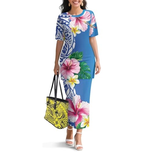Image of Puletasi Samoan Traditional 2 Piece Outfits for Women Short Sleeve Crop Top and Maxi Skirt Sets Puletasi Dress