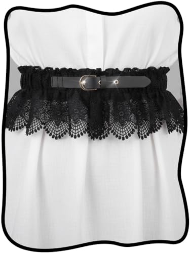 Urieo Black Lace Waist Belt with Buckle, Victorian Style Elastic Corset Belt