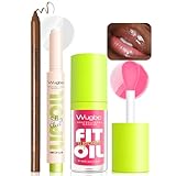 Wugbc Brown Lip Liner Pink Lip Oil Gloss Click Lip Balm Clear Shimmer, Hydrating Lipstick Tinted Lip Oil for Women Makeup, Lightweight Non Sticky Liquid Lipstick Lip Liner Pencil Combo Set