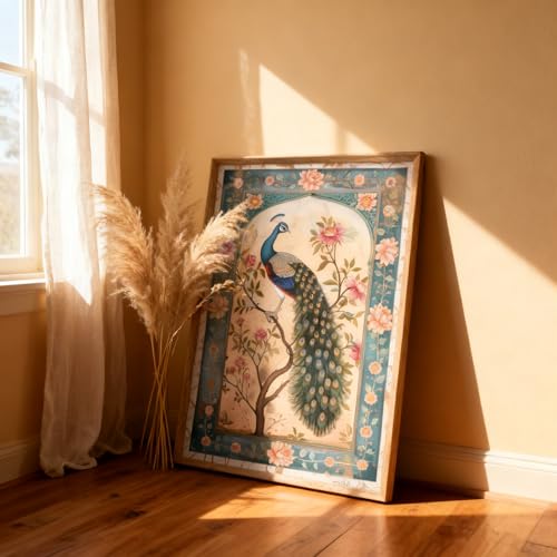 Image of Livin'luxe Vintage Peacock Floral Wall Painting with Wooden Frame | Elegant Bird Artwork HD UV Laminated MDF Wall Decor | Traditional Peacock Art for Living Room Bedroom Home Decoration