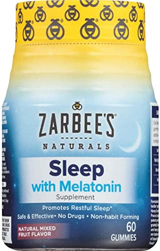 Zarbee's Melatonin Gummies 3mg Sleep Supplement to Promote Peaceful Sleep, Natural Mixed Fruit Flavor, Adults Gummy Age 12 Up, 60 Count