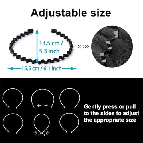 Metal Hair Band, Unisex Black Headbands, Wavy Stylish Design Metal Hair Ties for Men, Adjustable Headband for Women Outdoor Sports and Daily Wear. (3 Pcs)