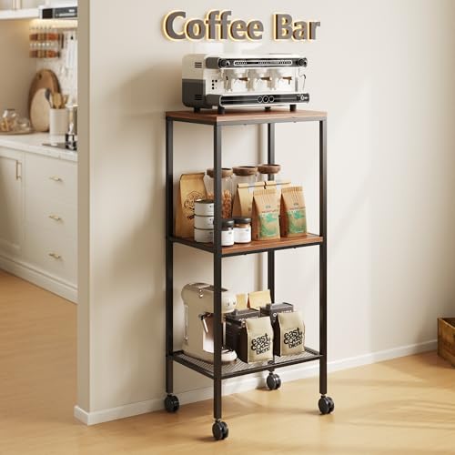 3 Tier Coffee Bar Station,Rolling Kitchen Microwave Cart, Microwave Table Stand with Storage, Kitchen Utility Cart on Lockable Wheels, Small Coffee Cart Shelf Rack Organizer for Living Room Office