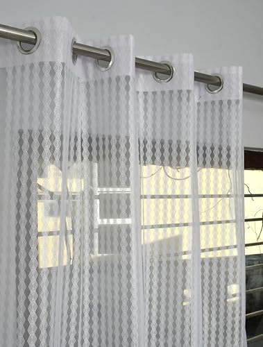 Image of FAB CASTLE Premium Sheer Net Curtain for Window 4 Feet | Transparent Net Fabric with Geometric Design | Pack of 1, White