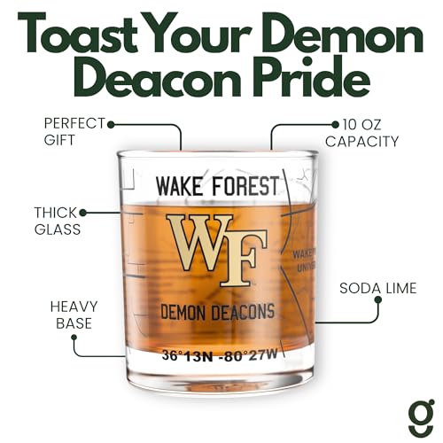 Image of Greenline Goods Wake Forest University Demon Deacons Whiskey Glasses Set of 2, 10 oz Rocks Glasses with Full-Color Logo & Campus Map - Officially Licensed Bourbon Glass Gift for Alumni & Fans