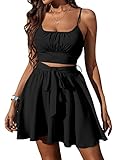 SheIn Damen Crop Top und Rock Set 2 Piece U-Ausschnitt Bauchfrei Tops Kurze Röcke mit Gürtel Kombi Zweiteilerset Schwarz XXS