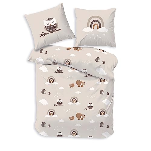 Regenbogen und Waldtiere, hochwertige und hautfreundliche Bettwäsche Eule, Kinderbettwäsche 135x200cm, 80x80, 100% Baumwolle