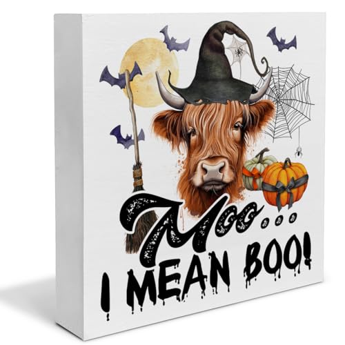 Halloween Highland Cow Wood Box Sign Decor Witchy Cow Block Sign