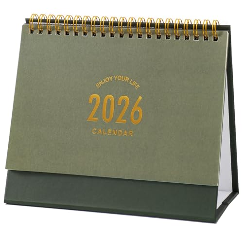 Small Desk Calendar 2026 Standing Flip Desktop Calendar from January 2026 to June 2027 - Metal Ring Twin-Wire Binding Monthly Desktop Calendar for Home Office School (Green)