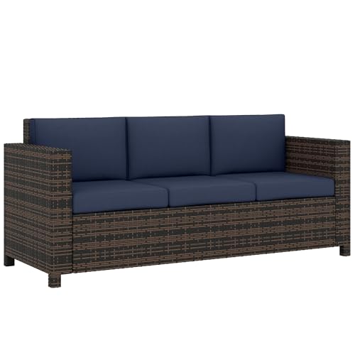 Image of Outsunny 3 Seater Rattan Sofa with 10 cm Thick Padded Cushion, All-Weather PE Wicker Weave Garden Three-seater Bench with Armrests, Dark Blue