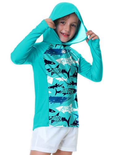 Image of AOBUTE Unisex Kids Long Sleeve Hoodie Rash Guard Boys UPF 50+ Swim Top with Thumb Hole 3-12 Years