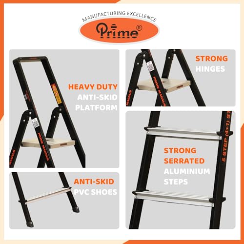 Image of Prime Magnus 4-Step Hybrid Step Ladder | Steel Frame + Aluminium Steps | Heavy Duty Ladder for Home | Anti-Skid Platform | 150 KG Load Capacity | 5 Year Warranty | Made in India | Black & Silver