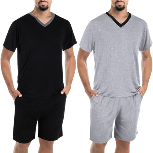 2 Sets Men's V Neck Pajamas Summer Pjs Set Soft Modal Nightwear Short Sleeve and Shorts with Pocket Comfy Sleepwear