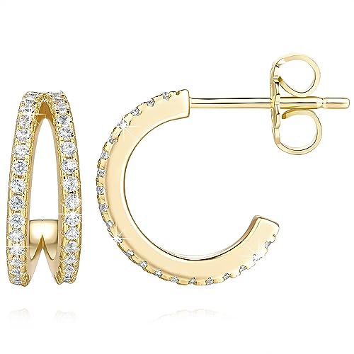 NEARLAND 14K Gold Hoop Earrings for Women Gold Stud Earrings Small Hoop Earring with Double Round Cubic Zirconia Hypoallergenic Lightweight Womens Earring 13/17/20mm