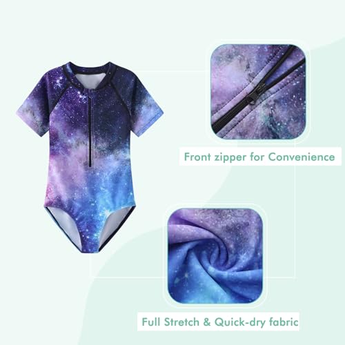 Image of Girls One Piece Swimsuits Short Sleeve Rash Guard for Girl Hawaiian Bathing Suit with Sun Protection Beachwear