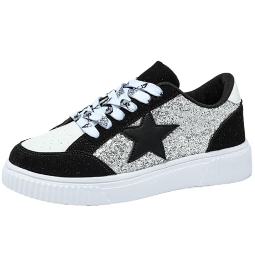 PU Leather Y2K Star Patch Breathable Low Top Skate Shoes for Men Casual Streetwear for School Work or Dates Featuring Glitter and Pentagram Detail