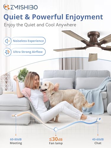 Image of ZMISHIBO 42 Inch Ceiling Fan with Light, App&Remote Control, Flush Mount Low Profile, Dimmable 20W LED Light, Quiet Reversible Motor for Bedroom, Living Room, Apartment, Brown