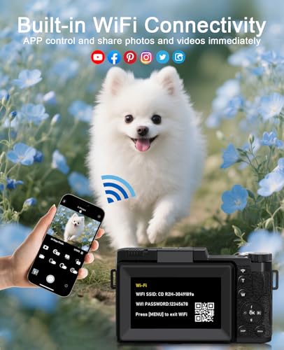 Foto de FLATIC Cámara digital con WiFi, cámaras 5K 64MP para fotografía con pantalla abatible de 180° para YouTube, cámara de enfoque automático de enfoque automático de 18X con tarjeta de 64 GB, lente ancha (imagen 6)