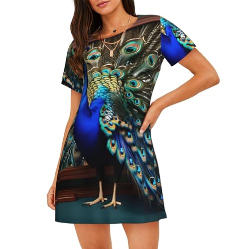 Robe de nuit à manches courtes imprimé paon, vêtement idéal pour la maison et les vacances