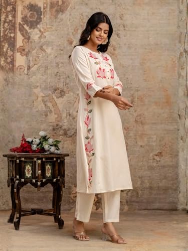 Image of Leriya Fashion Cotton Kurta Set for Women | Kurta Sets for Woman - Office Wear Kurti Set for Women Embroidery Kurti for Woman, Straight Kurtis Pant Set with 3 /4 Sleeve