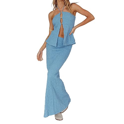 Women's Sexy Bodycon 2 Piece Outfits Y2k Backless Low Cut Crop Top High Waist Wrap Long Skirt Going Out Maxi Skirt Set