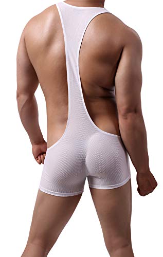 YUFEIDA Men's Athletic Supporters Mesh Breathable Bodysuit Wrestling Leotard Stretchy Base Layers Boxer Singlet (M, White)