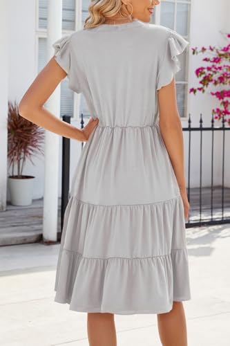Image of Womens Summer Dress Ruffle Sleeve V Neck Midi Dresses Casual Fit Flowy Tiered Boho Beach Vacation Sundress