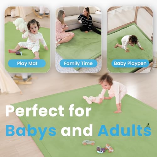 Image of 1.3 inch Thick Baby Play Mat for Floor, 39x59 Foam Tummy Time Mat, Padded Support Soft Plush Nursery Rug for Infant Kids Toddler Crawling Kick Activity (Olive Green)