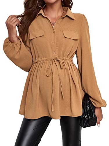 Image of MakeMeChic Women's Maternity Shirts Long Sleeve Belted Button Down Casual Pregnancy Blouse Tops Khaki M