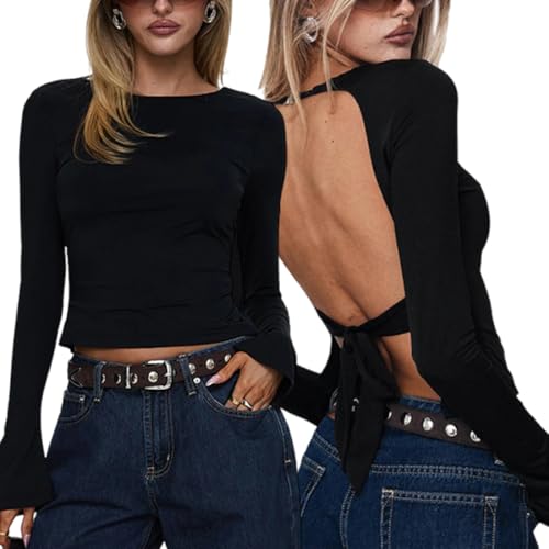 Hanaoops T-Shirt Damen Y2K Slim Fit Oberteile Basic Langarm Crop Top...