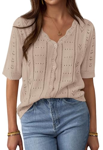 PRETTYGARDEN Womens Short Sleeve Crochet Knit Sweater Spring Fashion 2026 Button Down Lightweight Cardigans Summer Tops (Khaki, Large)