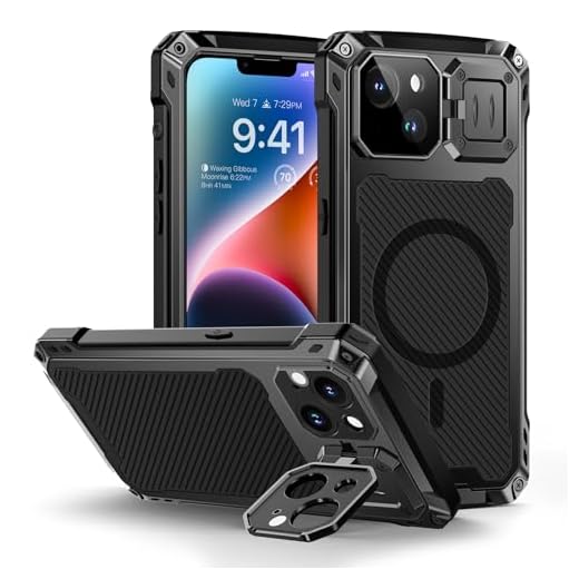 Lanhiem Coque pour iPhone 14 (6.1''), Métal et Rigide [Protection Caméra & Supports] Antichoc Militaire avec du Verre trempé Integrale Indestructible Chantier Etui [Compatible Charge sans Fil] Noir