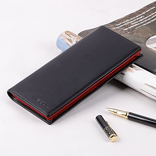 Image of VISOUL Leather Checkbook Cover Wallet for Men with RFID Blocking, Mens Long Bifold Cash Tall Wallet with 11 Credit Card Slots 1 ID Window (Black and Burgundy)