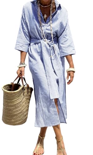 Image of chouyatou Women's Summer 3 /4 Sleeve Striped Shirt Dress Belted Maxi Long Casual Button Down Beach Dress