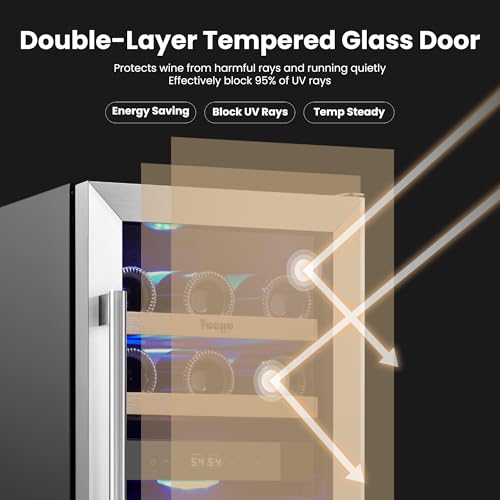 Image of Yeego Wine Fridge Cooler - 15 Inch Dual Zone Wine Fridge Hold 28 Bottles, 40-65F Wine Refrigerator Glass Door, Built in, Freestanding Under Counter Fridge for Beer Soda Drink Home Bar Office