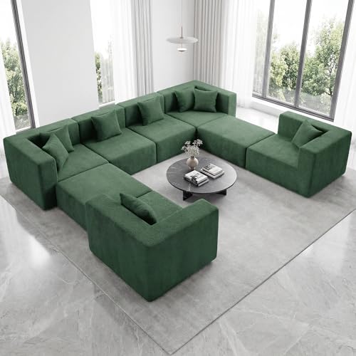 Image of MONVANE Modular Sectional Sofa, Oversized 8 Seat Convertible U Shaped Couch with Ottoman, Comfy Teddy Velvet Cloud Couch with Deep Seat, Sectional Couches for Living Room, No Assembly Required, Green