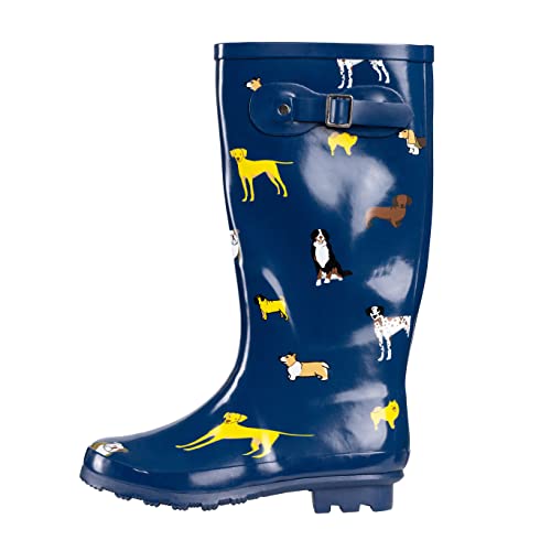 NORTY Waterproof Rain Boots for Women Size 9, Tall & High Calf Rain Shoes, Slip-Resistant, Comfortable Rainboots, Stylish Outdoor & Garden Boots, Glossy Blue Look At Me Dog Design, 13.25” Shaft