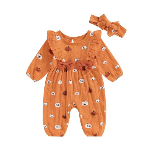 Image of Afunbaby Halloween Baby Girl Outfit Infant Fall Clothes Long Sleeve Bubble Romper Pumpkin Bodysuit Jumpsuit with Headband